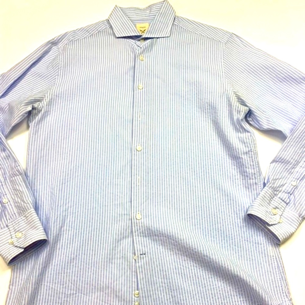 Strong Suit Button Front Shirt White w Blue Stripe Size 16 1/2